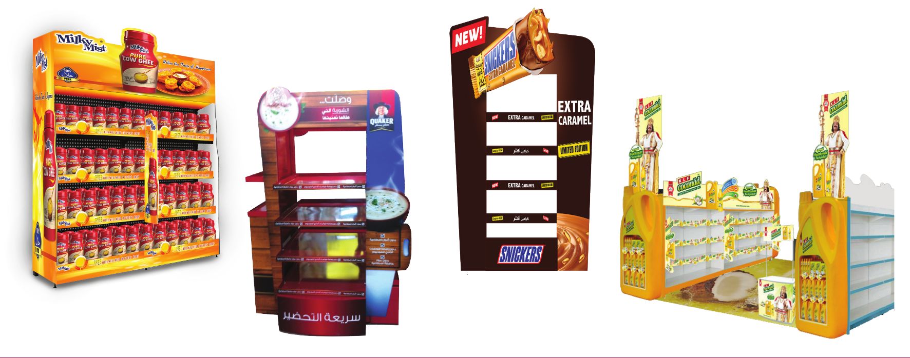Gondola and shelving branding for Milky Mist ghee, Quaker, Snickers and KLF Coconad