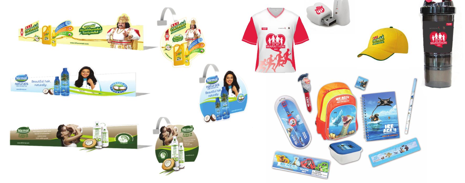 Shelf strips and wobblers for KLF Coconad and Nirmal, with Marathon 2021 t-shirt, cap, shaker bottle and Ice Age 4 stationery