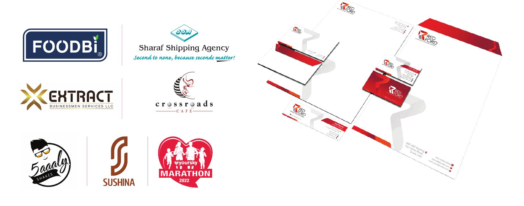 Logos for Foodbi, Sharaf Shipping Agency, Extract, Crossroads Cafe, 5aaaly Shakes, Sushina and Marathon 2022, plus Red Ford stationery