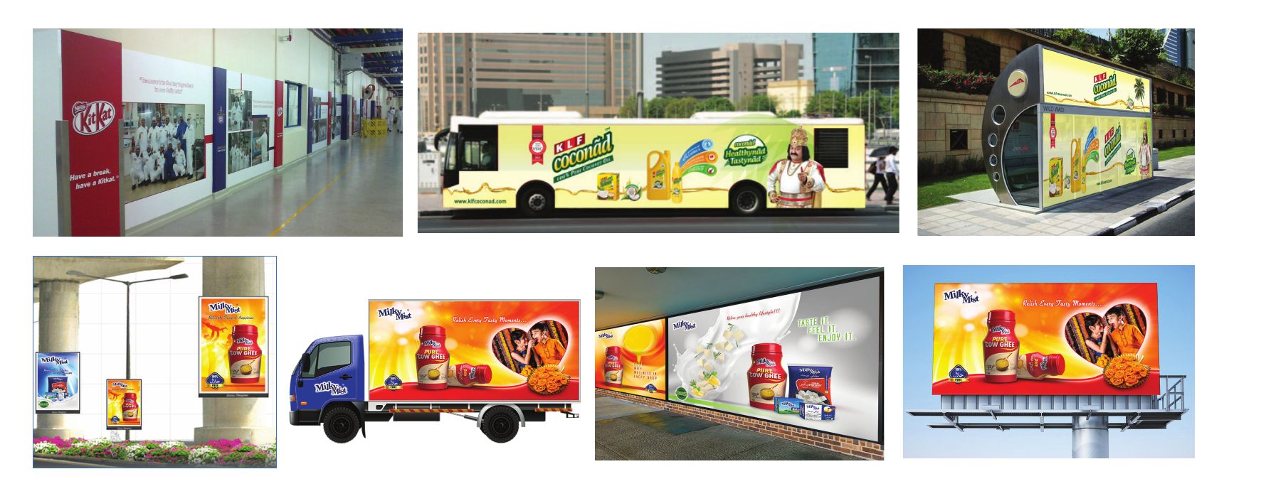 Factory wall graphics, a KLF Coconad bus wrap, a bus shelter, a delivery truck and billboards for Milky Mist
