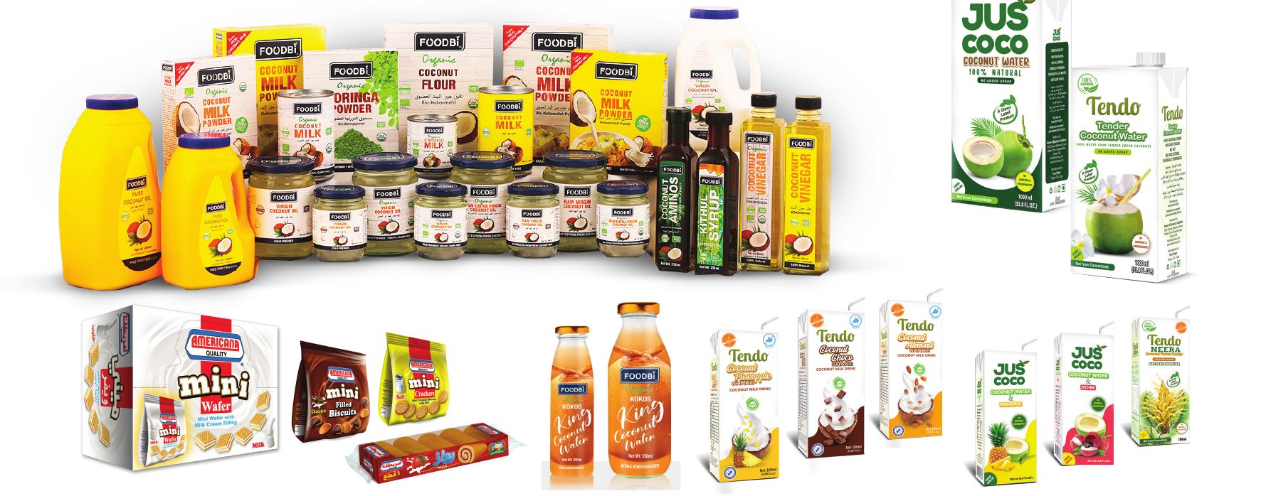 Packaging range for Foodbi coconut products, Americana mini biscuits, Jus Coco and Tendo coconut water cartons